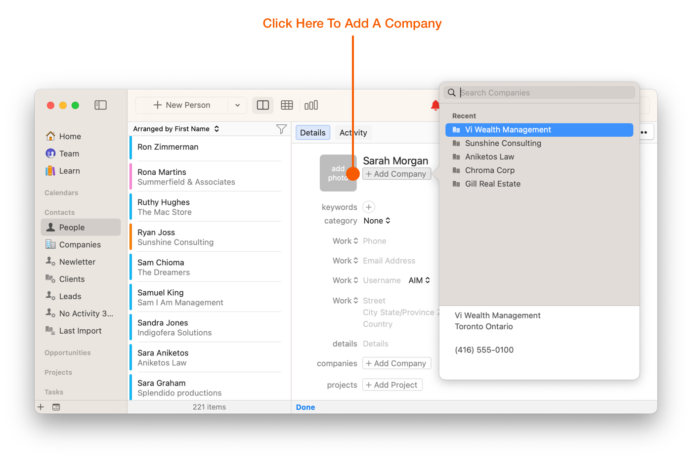 People list with annotation showing where to click Add Company on a Contact card, with a company search dropdown displaying recent companies