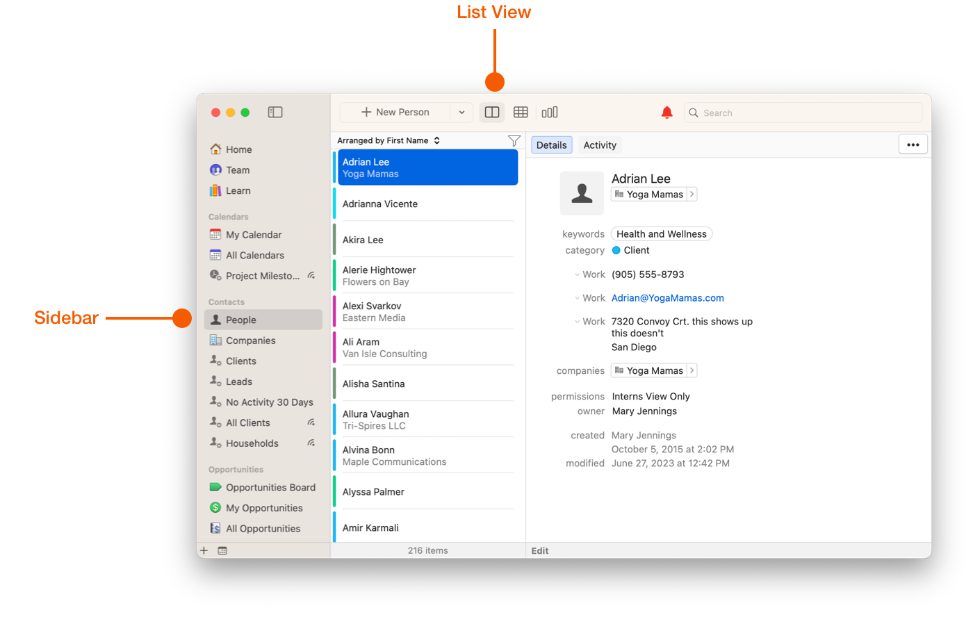  Daylite in List View showing the sidebar with navigation sections for Home, Team, Learn, Calendars, Contacts, Opportunities, and Projects, with People selected and Adrian Lee's Contact card displayed