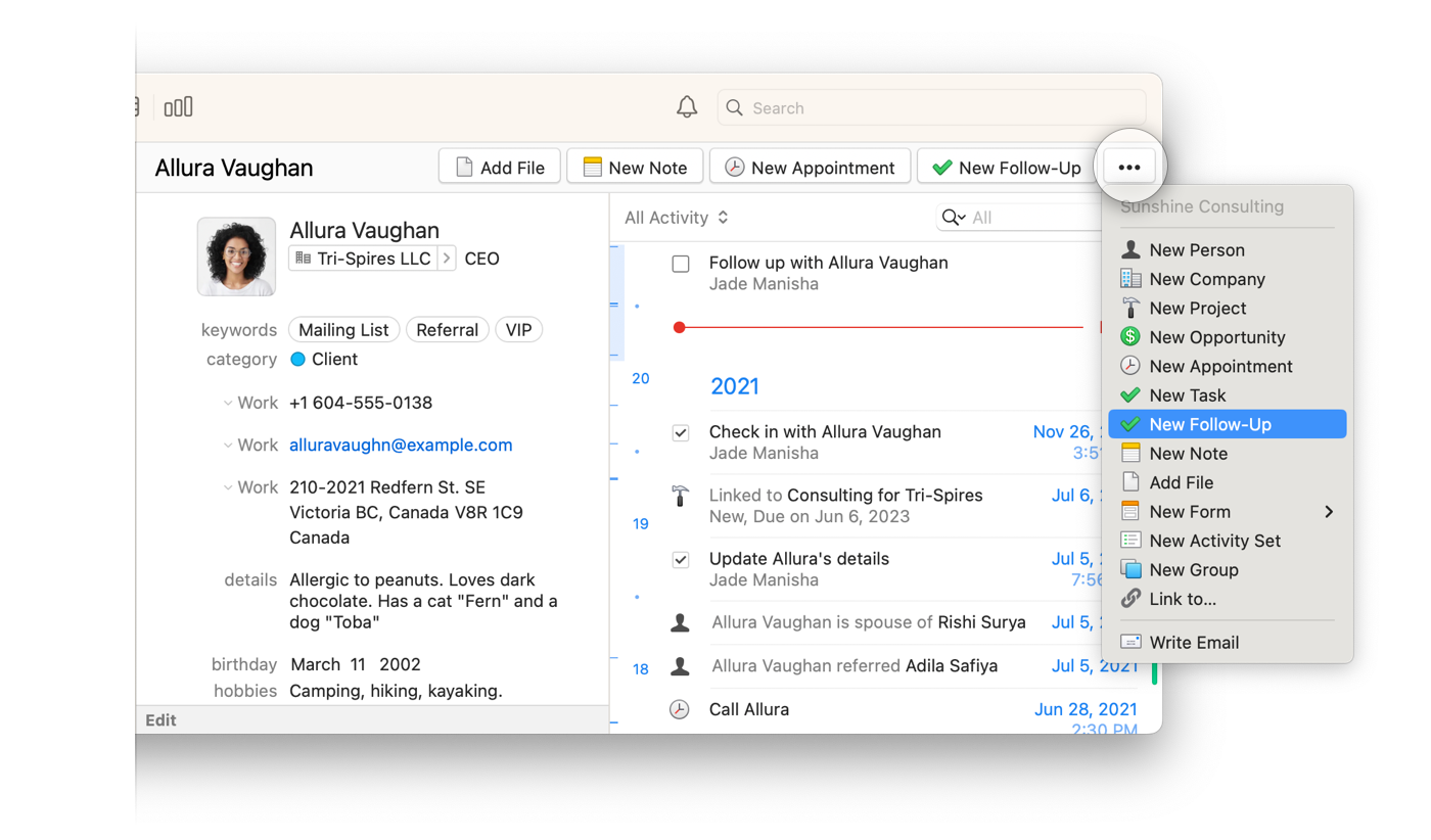 Allura Vaughn's Contact record in full window view showing the Activity timeline on the right and the expanded more options menu with actions including New Person, New Company, New Project, New Opportunity, New Appointment, New Task, New Follow-Up, New Note, Add File, New Form, New Activity Set, New Group, Link to, and Write Email